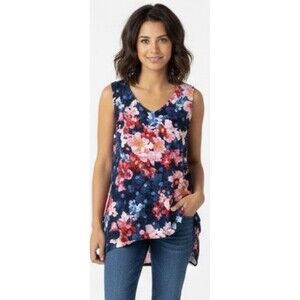 Time And Tru Women Top Blue Floral Shirt Rhinestones Sleeveless V Neck XL 16-18